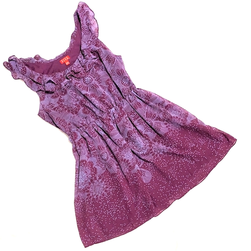 Elle Purple Geo Floral Paisley Flared Lined  Sundress Ruffle Pullover Lg